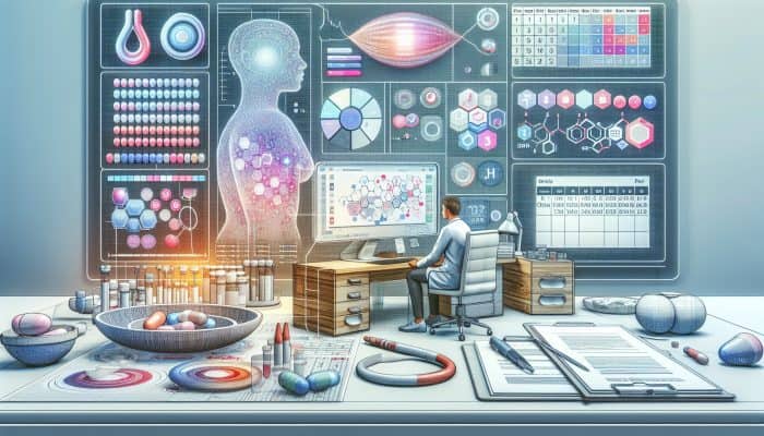 Anxious patient in a modern UK NHS clinic reviews hormone test results on a digital display, accompanied by a doctor, lab equipment, and a one-week calendar.