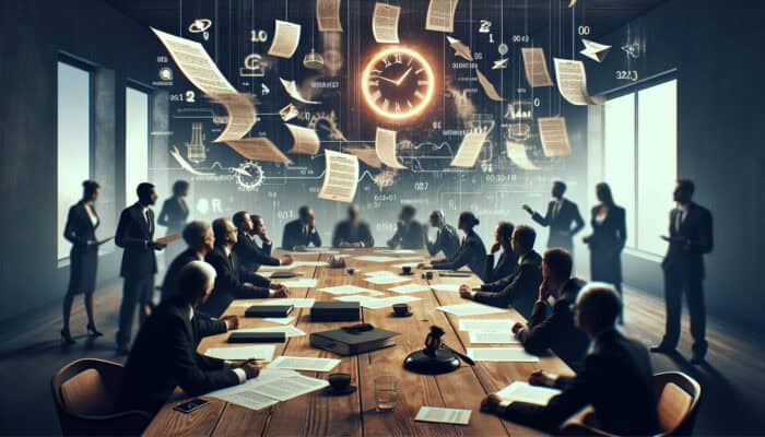 Tense boardroom scene: lawyers arguing over blurred contracts under a broken clock, with a glowing flowchart outlining clear resolution procedures.