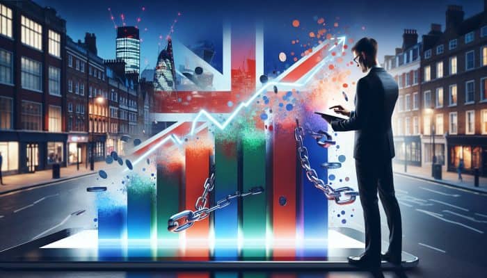 British professional in London reviews upward credit score graph on tablet amid dissolving debt chains and Union Jack flags.