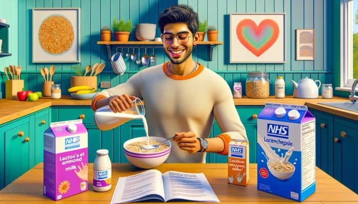 Smiling person pouring oat milk into cereal in a UK kitchen, surrounded by almond milk, lactase bottles, and NHS guide.