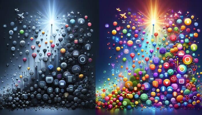 Illustration demonstrating SEO's impact: a dim underperforming product page with low traffic icons versus a vibrant one with rising graphs and sales symbols.
