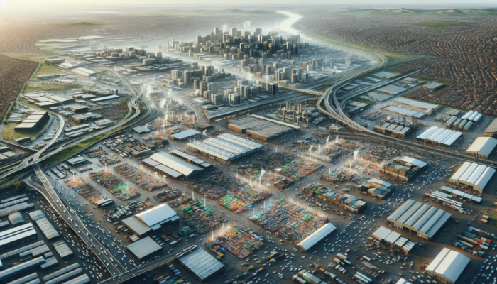 A vibrant aerial view of Tembisa, South Africa, featuring markets, housing, transport hubs, industrial zones, and green spaces influencing property prices.