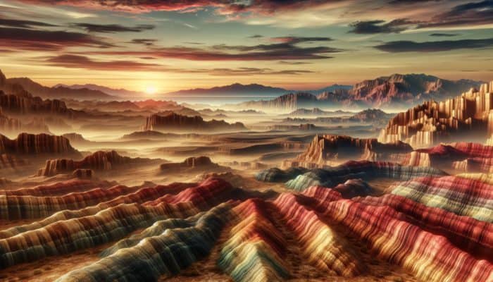 Vivid desert landscape featuring layered rock formations in vibrant reds and golds, textured canyons, and distant misty mountains under a dramatic sunset.
