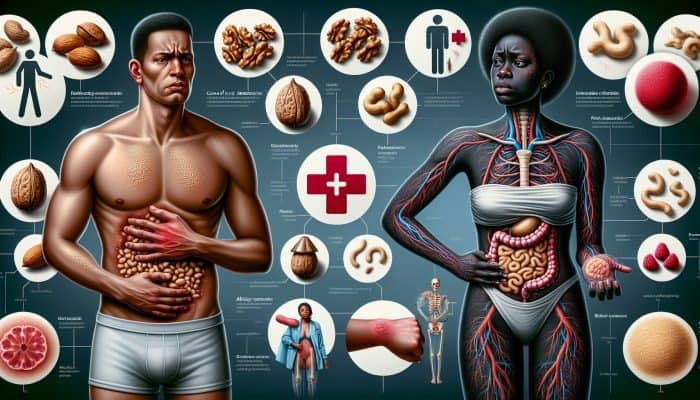 Infographic illustrating the contrast between nut intolerance and allergy: left shows mild discomfort from nuts, right depicts severe swelling and hives with informative labels.