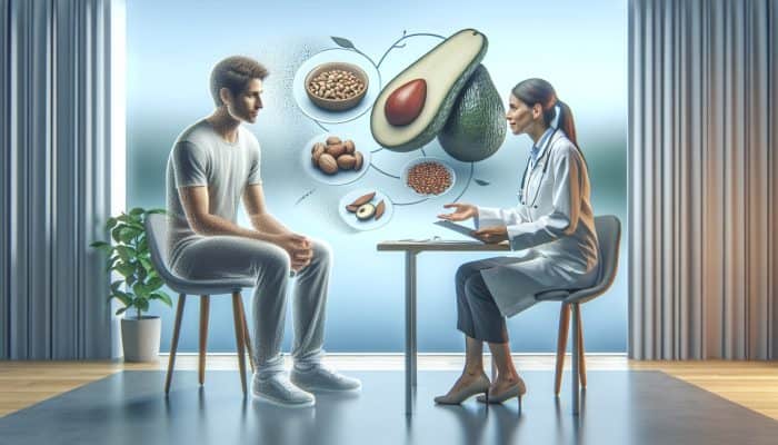 Diverse patient consulting with a dietitian in a UK clinic about nut intolerance, surrounded by charts of avocados and seeds for balanced nutrition.