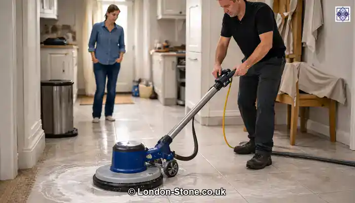 Professional carefully restoring a porcelain floor in a lived-in home.