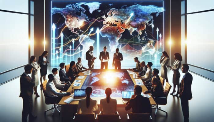 Diverse executives in a modern boardroom strategise business expansion around a glowing world map with charts and digital projections.