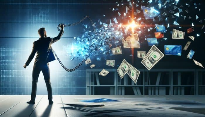 A determined professional in a contemporary office breaking credit card chains, holding a loan document, and showcasing an upward-trending graph of debt consolidation advantages.