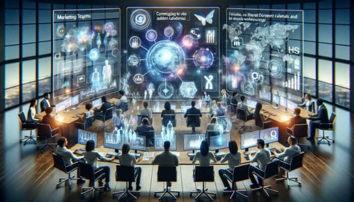 A diverse marketing team collaborates in a futuristic office around holographic AI interfaces to optimise workflows and boost productivity.