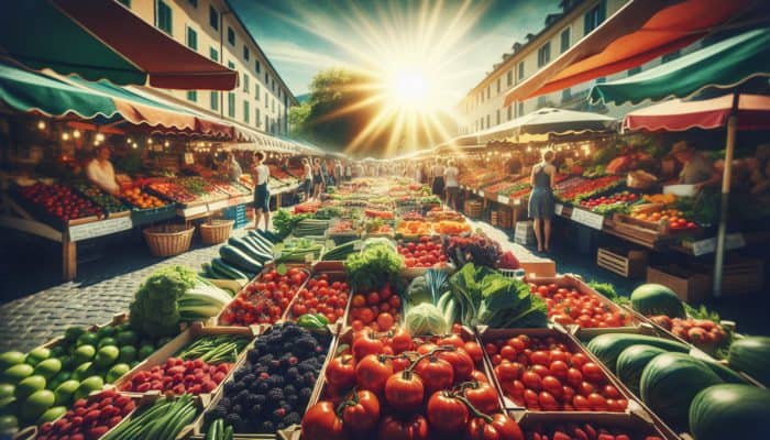 Bustling farmers' market under a sunny sky, with stalls overflowing in vibrant fresh produce: ripe red tomatoes, crisp green vegetables, and colorful berries.