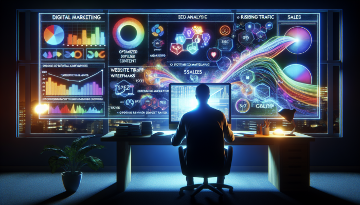 A digital marketer in Bridgwater analyses local keywords on a vibrant screen, surrounded by SEO charts and upward-trending traffic graphs.