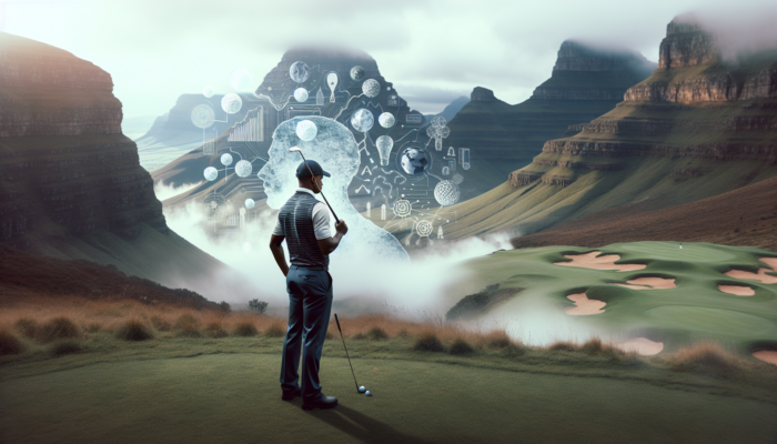 A South African golfer pauses thoughtfully on a rugged Drakensberg course, surrounded by misty mountains and wild terrain.