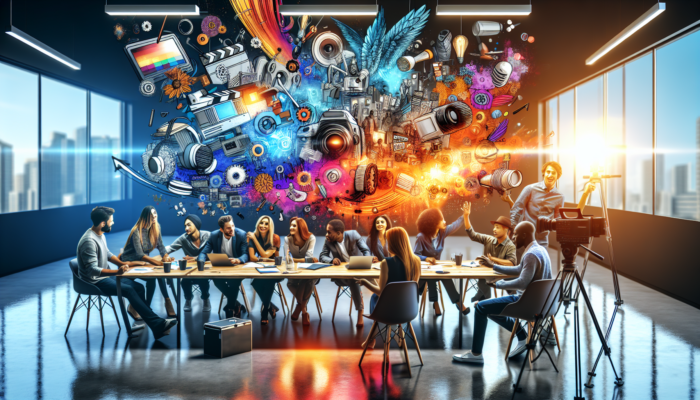 Diverse UK freelancers and agency experts brainstorming with business owners in a modern Keynsham office, surrounded by video equipment and creative tools.