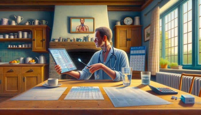 A middle-aged person in a sunlit kitchen reviews thyroid test instructions on a tablet, holding a glass of water, with pamphlets and calendar nearby.