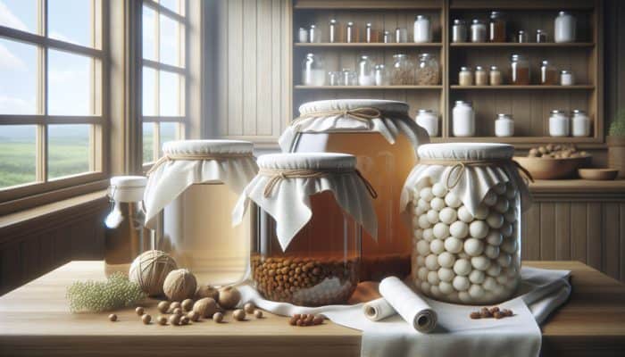 Large glass jars covered with white cloths and secured by rubber bands on a clean wooden counter under natural light.