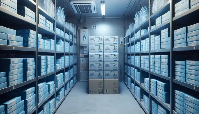 Neatly organized metal shelves in a UK healthcare storage room with boxes of blue nitrile gloves, labeled with expiration dates.