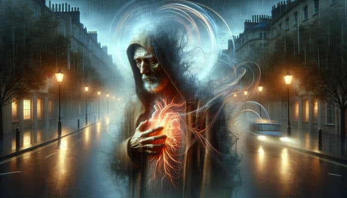 A tired middle-aged person on a foggy London street at dusk, holding their chest as swirling fog envelops their head in a rainy atmosphere.