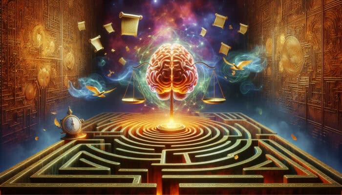 A glowing brain at the center of a labyrinth, surrounded by floating golden scales and ancient scrolls in a vibrant, ethereal style.