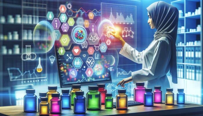 A scientist in a modern lab reviews case study charts on a digital screen, surrounded by colourful supplement bottles and positive graphs.