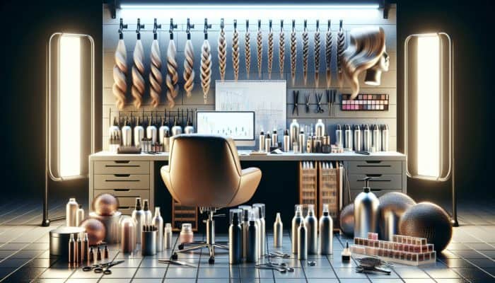 A professional hairstylist's workstation with shiny clips, hair sprays, conditioning bottles, and texturizing powders under soft lights.