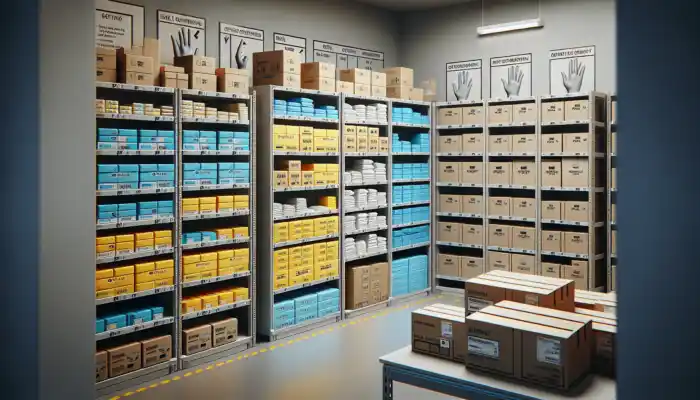 Neatly organized shelves in a UK medical depot hold color-coded glove boxes, labeled by size, type, and use.
