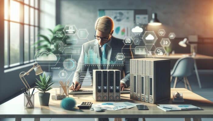 An analyst reviews financial charts regarding web hosting costs, featuring icons of servers, bandwidth graphs, and a budget calculator in a modern office.