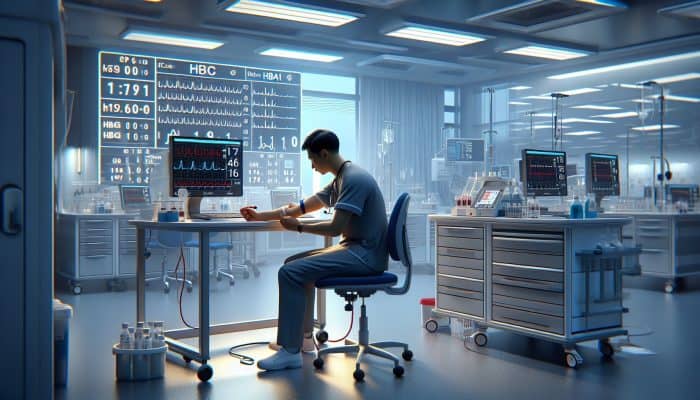 Diabetes Blood Test in Retford: Focused technician in a modern UK hospital lab draws blood for FPG test, with HbA1c charts on screens and NHS logos visible.