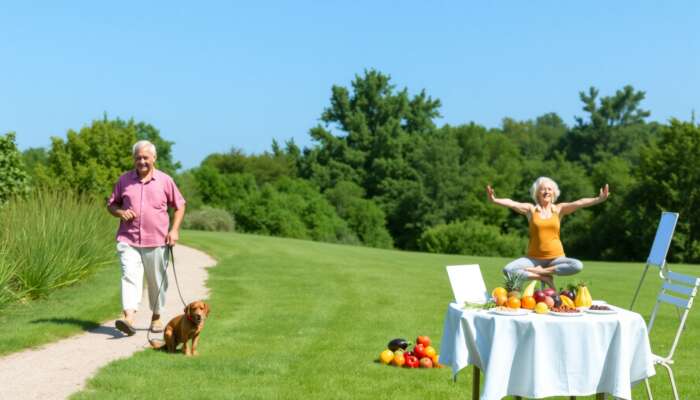 Elderly couple enjoying wellness activities outdoors, with one walking a dog, another practising yoga, and a table of fresh fruits and vegetables, set against a backdrop of lush greenery and blue sky.