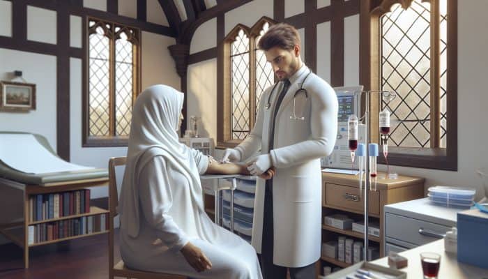 In a Stratford upon Avon clinic, a doctor draws blood from a patient's arm for diabetes testing, surrounded by medical tools and Tudor-style windows.