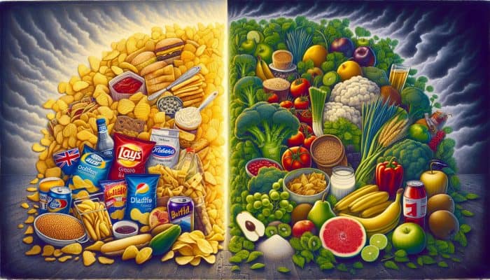 A split scene depicting greasy British crisps and fatty ready meals with a disturbing glow, contrasted with vibrant fruits, vegetables, and whole grains for healthier triglyceride control.