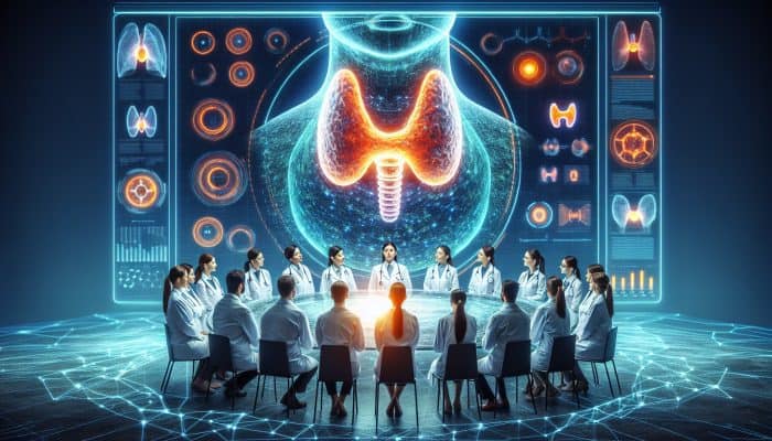 A diverse group of healthcare professionals in white coats examining a holographic thyroid model featuring fluctuating hormone graphs in an advanced laboratory setting.
