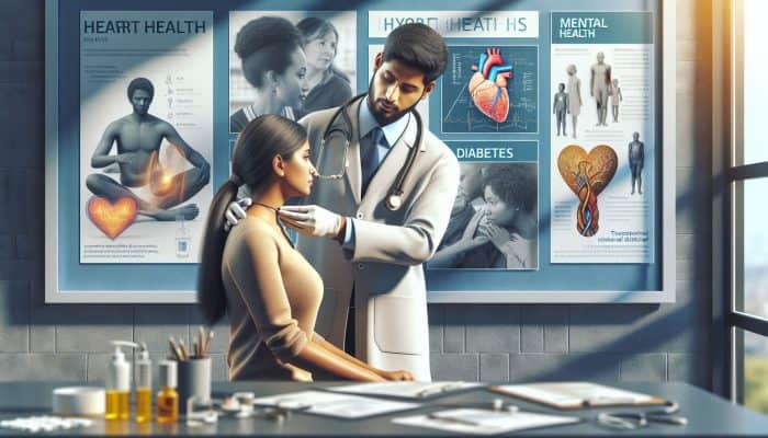 In a contemporary UK clinic, a thyroid specialist assesses a diverse patient using advanced diagnostic tools, surrounded by informative posters on health risks and an NHS support group discussing awareness.
