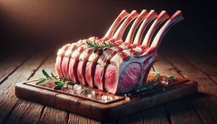A trimmed rack of lamb with marbled creamy fat and rosy lean meat, on a wooden board under warm golden light.