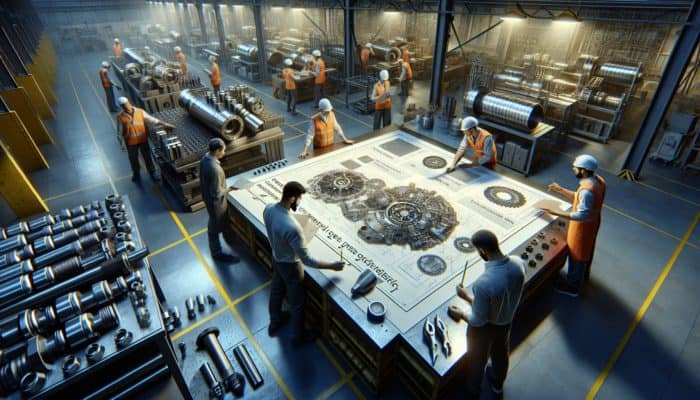 High-tech engineering workshop: experts selecting durable materials, optimizing designs on blueprints, maintaining metal edges, and training workers on safe practices.