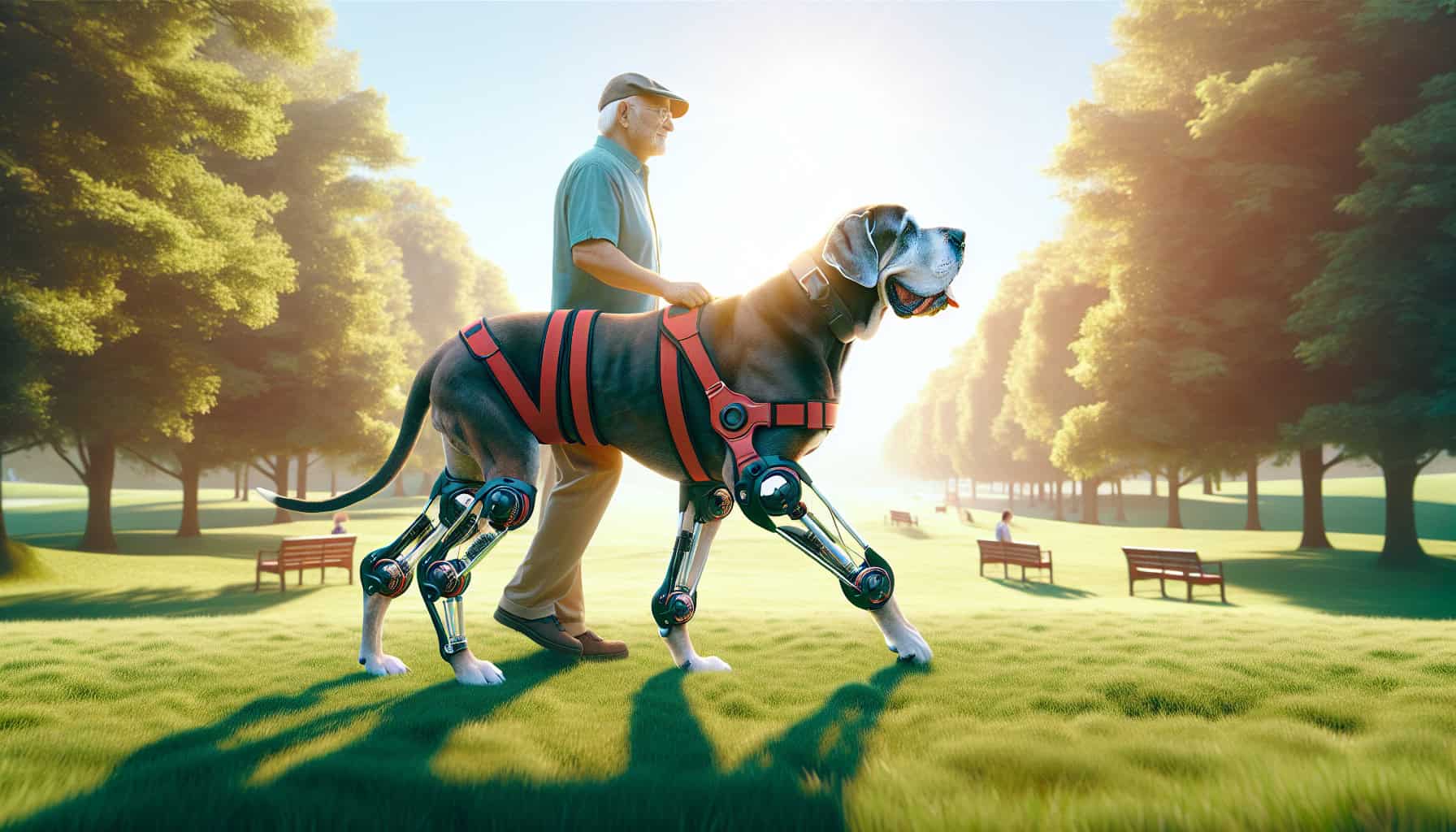 Great Dane in a red lifting harness, assisted by owner on a sunny park walk, demonstrating mobility support amid green grass and trees.