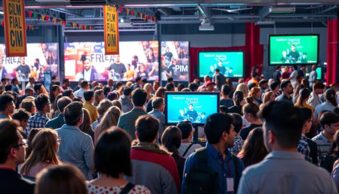 A vibrant film festival scene displaying a diverse audience enjoying films on large screens, surrounded by colourful banners, while filmmakers network and discuss their projects in the background.