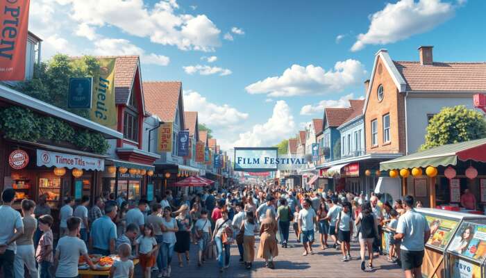 A lively film festival in a bustling town, showcasing colourful banners, crowds at outdoor screenings, diverse food stalls, and busy local shops, all amidst charming architecture and a festive atmosphere.