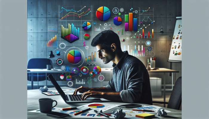 Small business owner in a modern office analyses Google Analytics dashboard on a laptop, showing graphs of page views, bounce rates, and engagement metrics, with notes and coffee nearby.