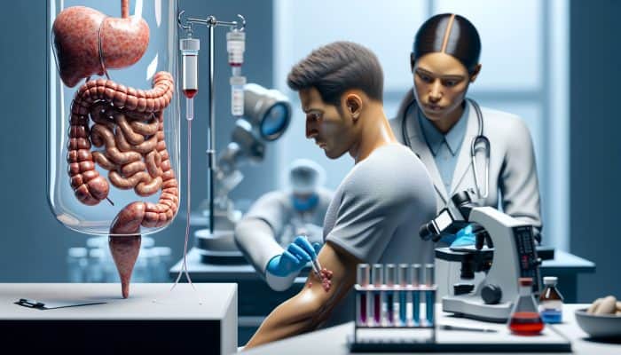 Detailed illustration of UK coeliac testing: doctor drawing blood, technicians analyzing samples, and labeled small intestine diagram.