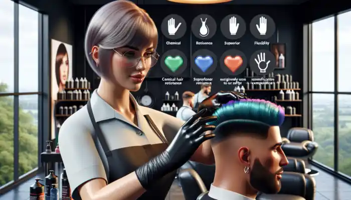 A beautician in a contemporary UK salon applies vibrant hair dyes while wearing robust black nitrile gloves for enhanced safety and comfort.