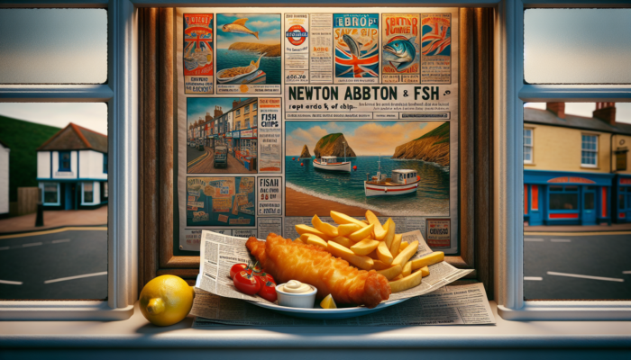 Steaming golden fish and chips on a newspaper-lined plate in a cozy Newton Abbot shop window, with seaside posters and fresh lemons.