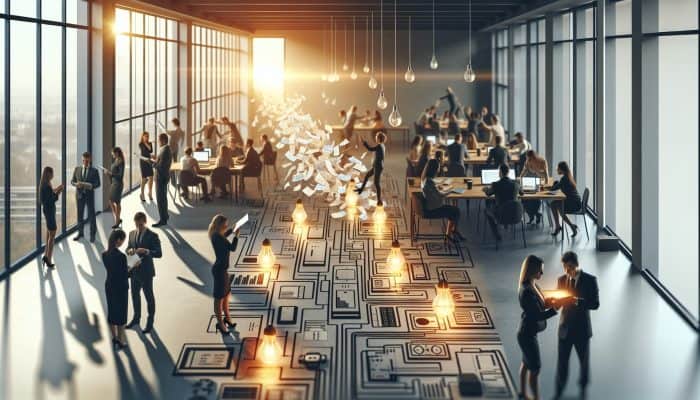 A financial advisor in a modern office merges scattered energy bills into a glowing document, as tangled power lines straighten, symbolizing debt relief.