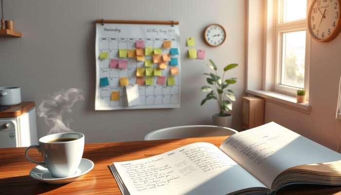 A cozy kitchen in the morning with a steaming cup of coffee, a colourful wall calendar, an open planner with notes, sunlight streaming through a window, and a clock showing 7:00 AM.