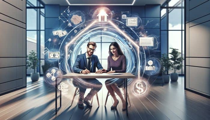 Debt Consolidation on Shared Ownership Homes: Key Tips | DCL Diverse couple in a modern UK bank office signing remortgage papers, with debt symbols merging into a glowing loan document.