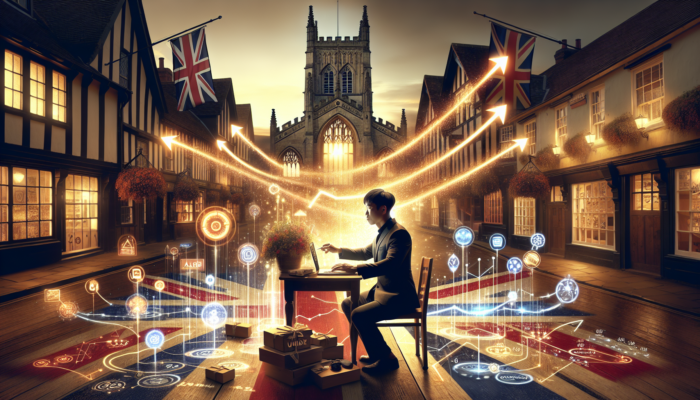 An analyst in historic Shaftesbury, UK, meticulously examining a glowing dashboard with ascending graphs representing social media ROI metrics and British flags.