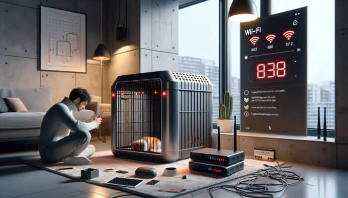 High-tech pet crate with flickering Wi-Fi error lights in a modern living room, as owner troubleshoots using smartphone and manuals.
