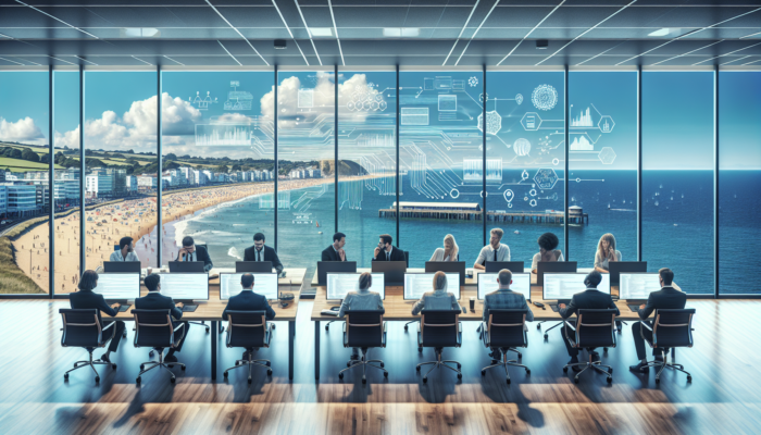 Dynamic developers in a modern Bournemouth office with sea views, collaborating on WordPress projects using laptops and quality assurance tools.