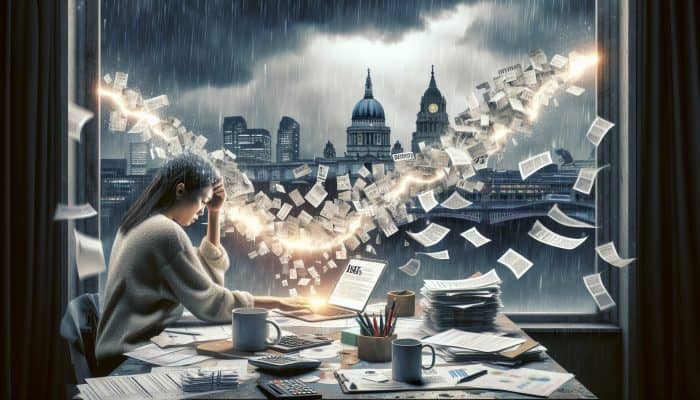 Debt Consolidation on Zero Hours Contracts: Essential Guide | DCL Stressed worker at a cluttered desk in a rainy UK city, surrounded by debt bills merging into a glowing payment stream symbolising financial stability.