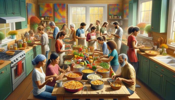 A multi-generational family joyfully prepares colorful pasta salads and hearty casseroles in a cozy kitchen, adapting recipes for a large group.