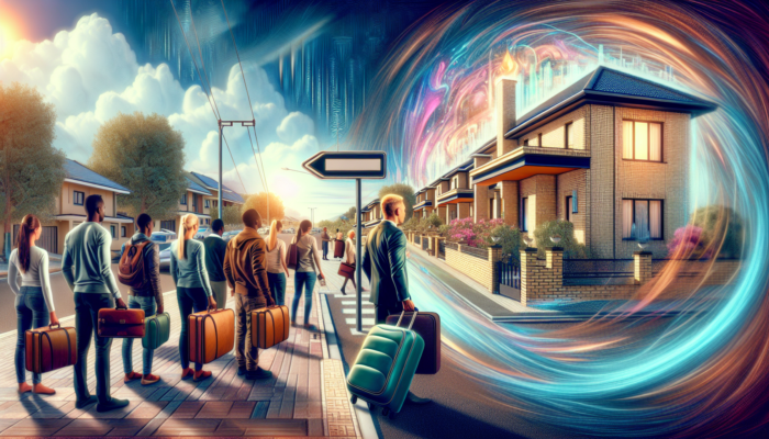 Bustling Witbank street scene with migrants seeking affordable homes, agents pointing to houses, and graphs showing rising demand prices.